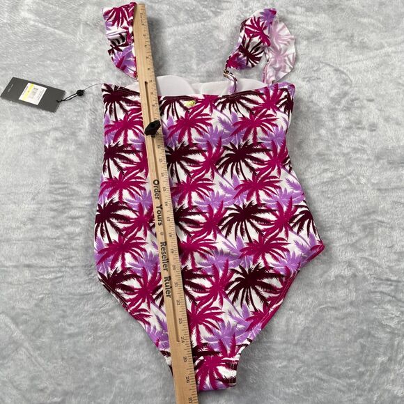 Jones New York Swimsuit Medium Fuchsia Palm Tree Ruffle Sleeve Bandeau Neck - Picture 10 of 13